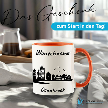 Tasse in Orange 330ml bedruckt mit der Skyline von Osnabrück personalisierbar mit Wunschname