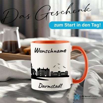 Tasse in Orange 330ml bedruckt mit der Skyline von Darmstadt personalisierbar mit Wunschname