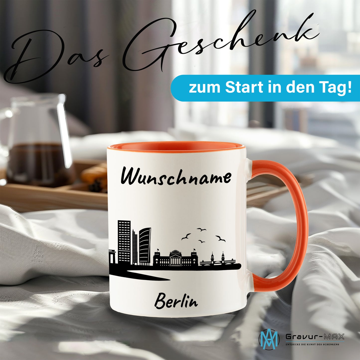 Tasse in Orange 330ml bedruckt mit der Skyline von Berlin personalisierbar mit Wunschname