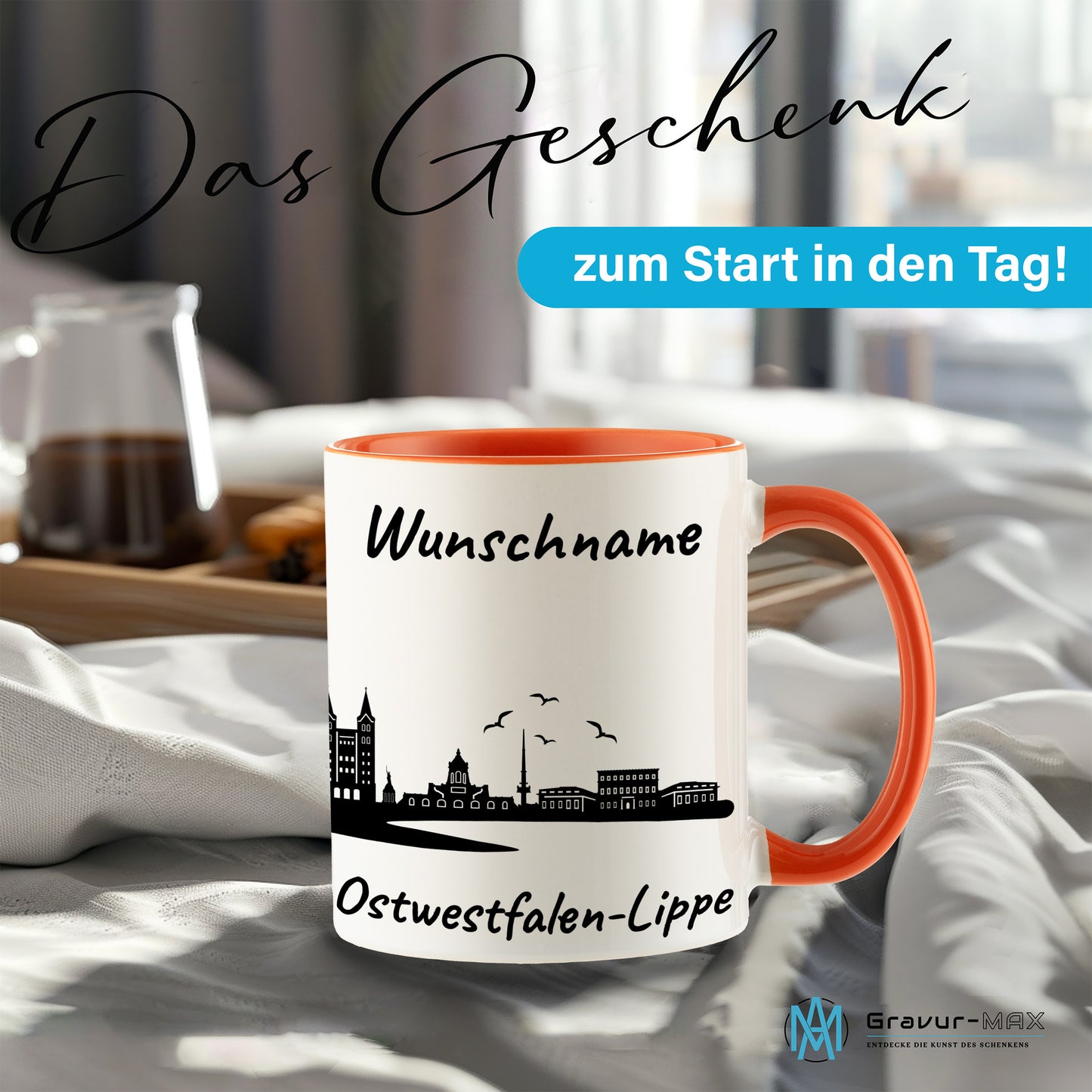Tasse in Orange 330ml bedruckt mit der Skyline von Ostwestfalen-Lippe personalisierbar mit Wunschname