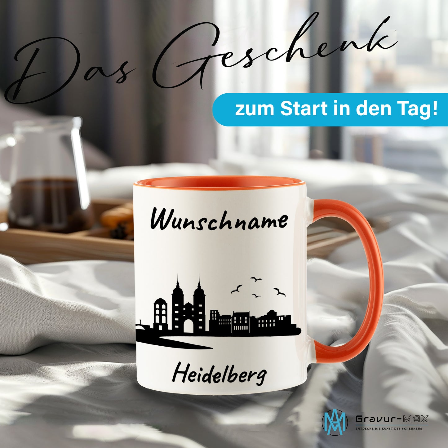 Tasse in Orange 330ml bedruckt mit der Skyline von Heidelberg personalisierbar mit Wunschname