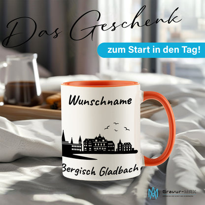 Tasse in Orange 330ml bedruckt mit der Skyline von Bergisch Gladbach personalisierbar mit Wunschname