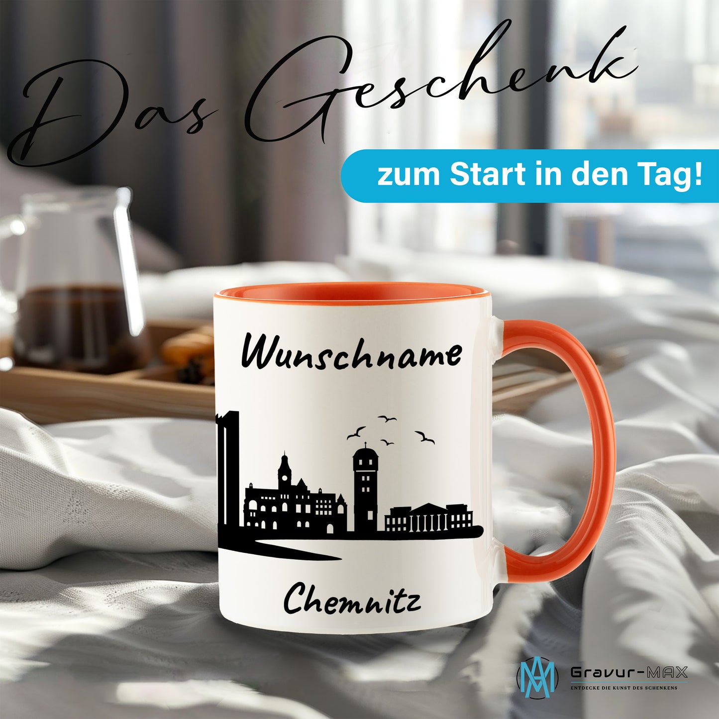 Tasse in Orange 330ml bedruckt mit der Skyline von Chemnitz personalisierbar mit Wunschname