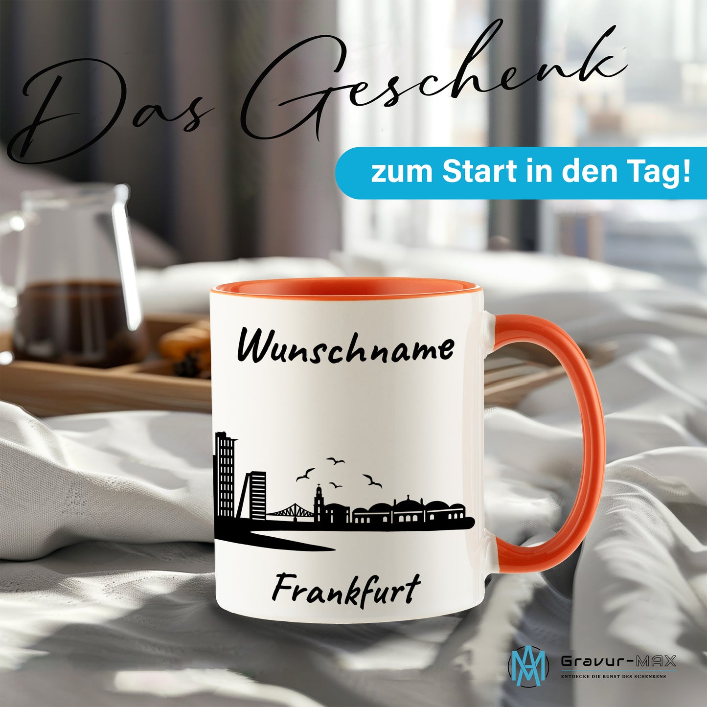 Tasse in Orange 330ml bedruckt mit der Skyline von Frankfurt personalisierbar mit Wunschname
