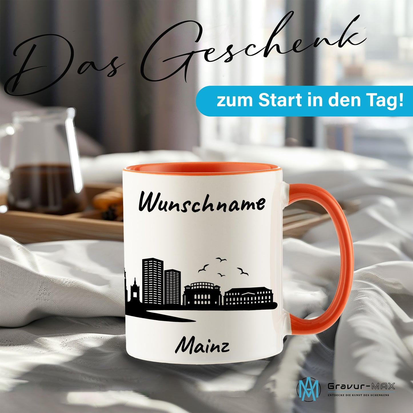 Tasse in Orange 330ml bedruckt mit der Skyline von Mainz personalisierbar mit Wunschname