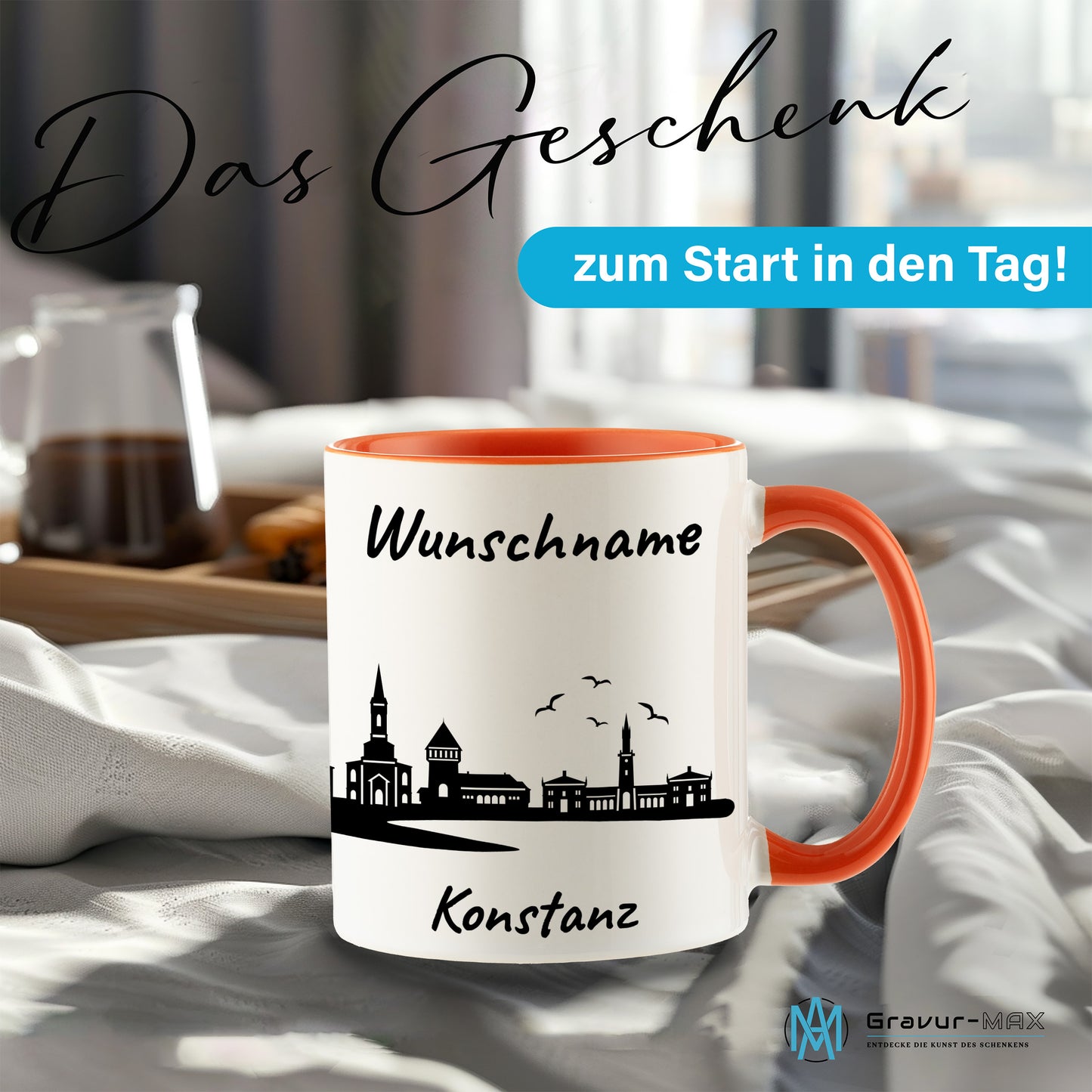 Tasse in Orange 330ml bedruckt mit der Skyline von Konstanz personalisierbar mit Wunschname