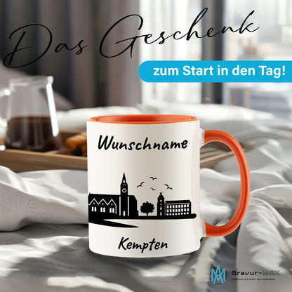 Tasse in Orange 330ml bedruckt mit der Skyline von Kempten personalisierbar mit Wunschname