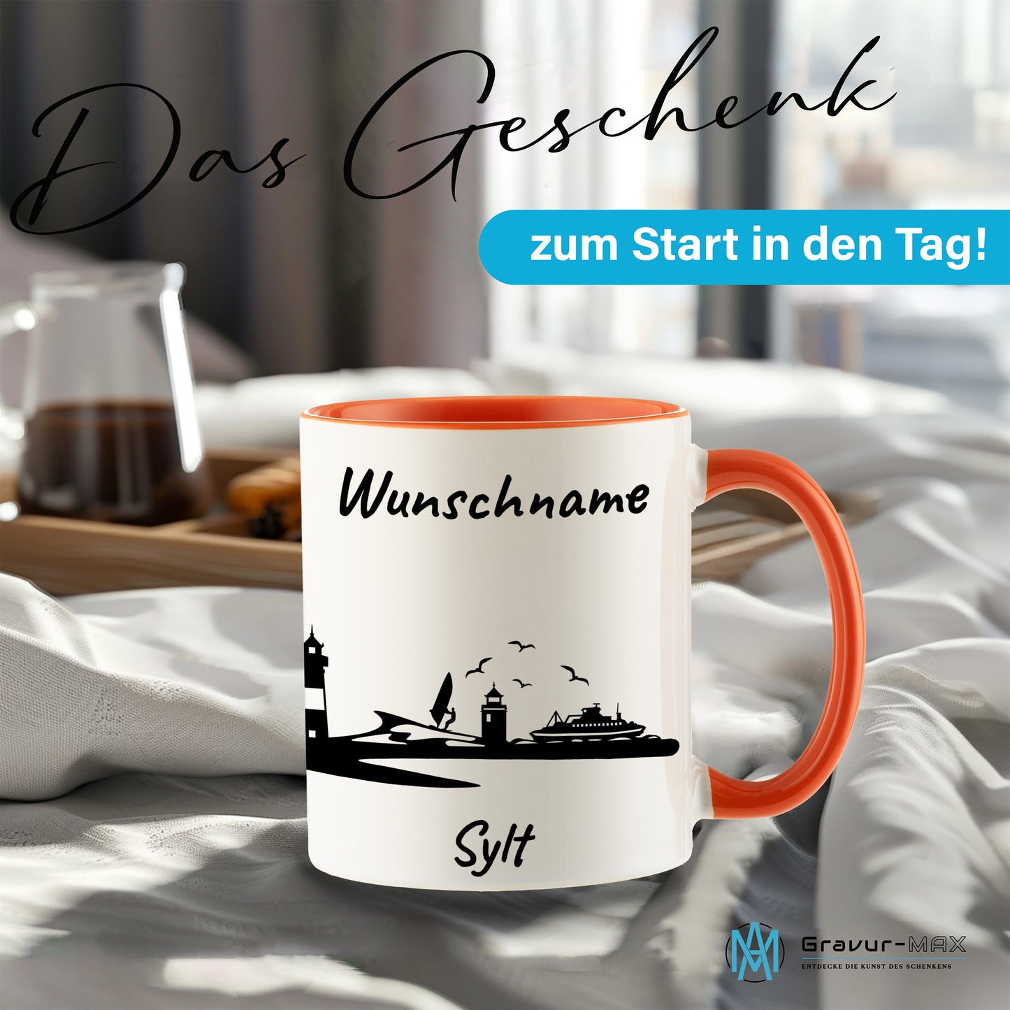 Tasse in Orange 330ml bedruckt mit der Skyline von Sylt personalisierbar mit Wunschname