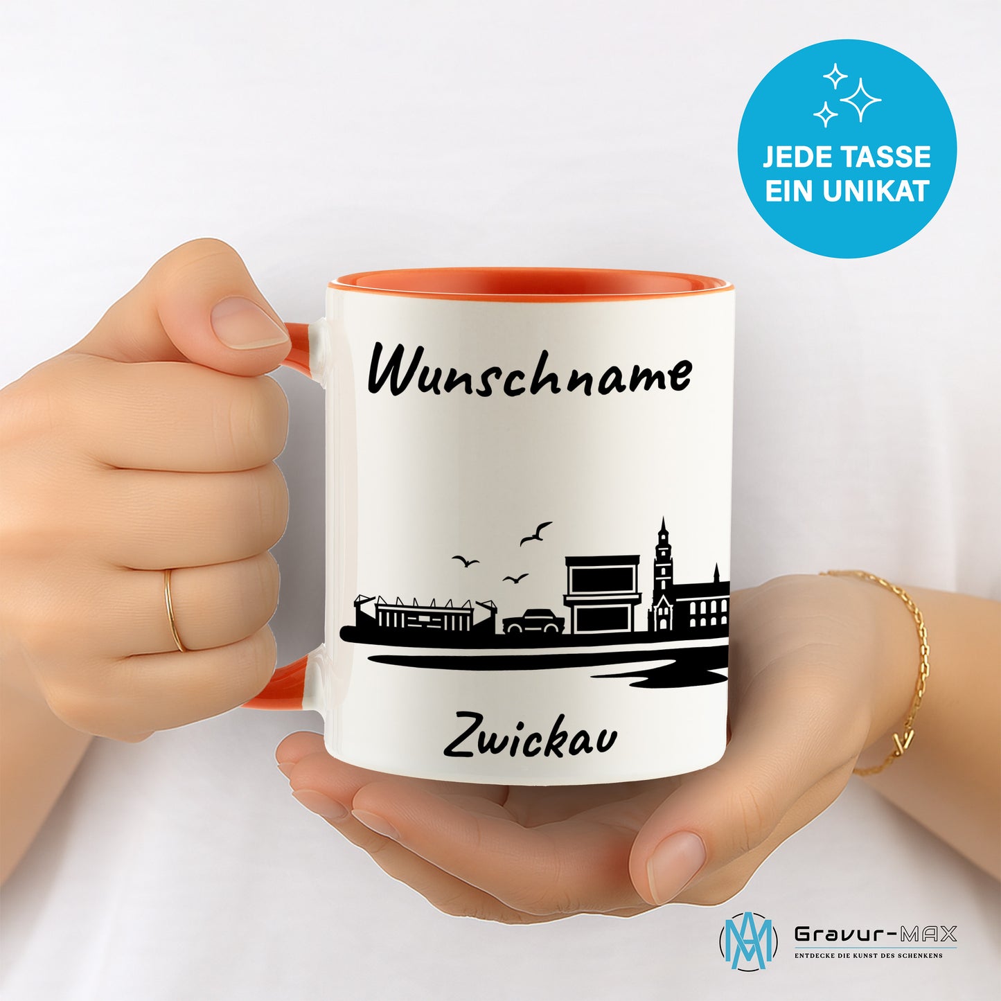 Tasse in Orange 330ml bedruckt mit der Skyline von Zwickau personalisierbar mit Wunschname