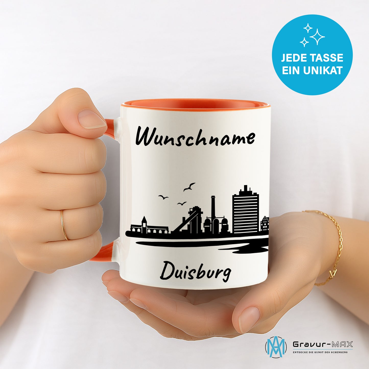 Tasse in Orange 330ml bedruckt mit der Skyline von Duisburg personalisierbar mit Wunschname