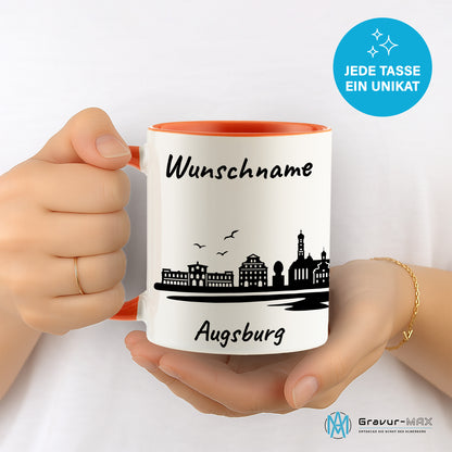 Tasse in Orange 330ml bedruckt mit der Skyline von Augsburg personalisierbar mit Wunschname