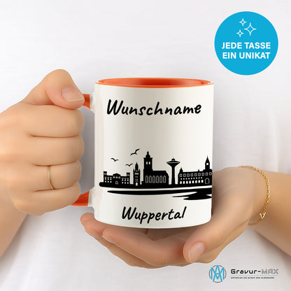 Tasse in Orange 330ml bedruckt mit der Skyline von Wuppertal personalisierbar mit Wunschname