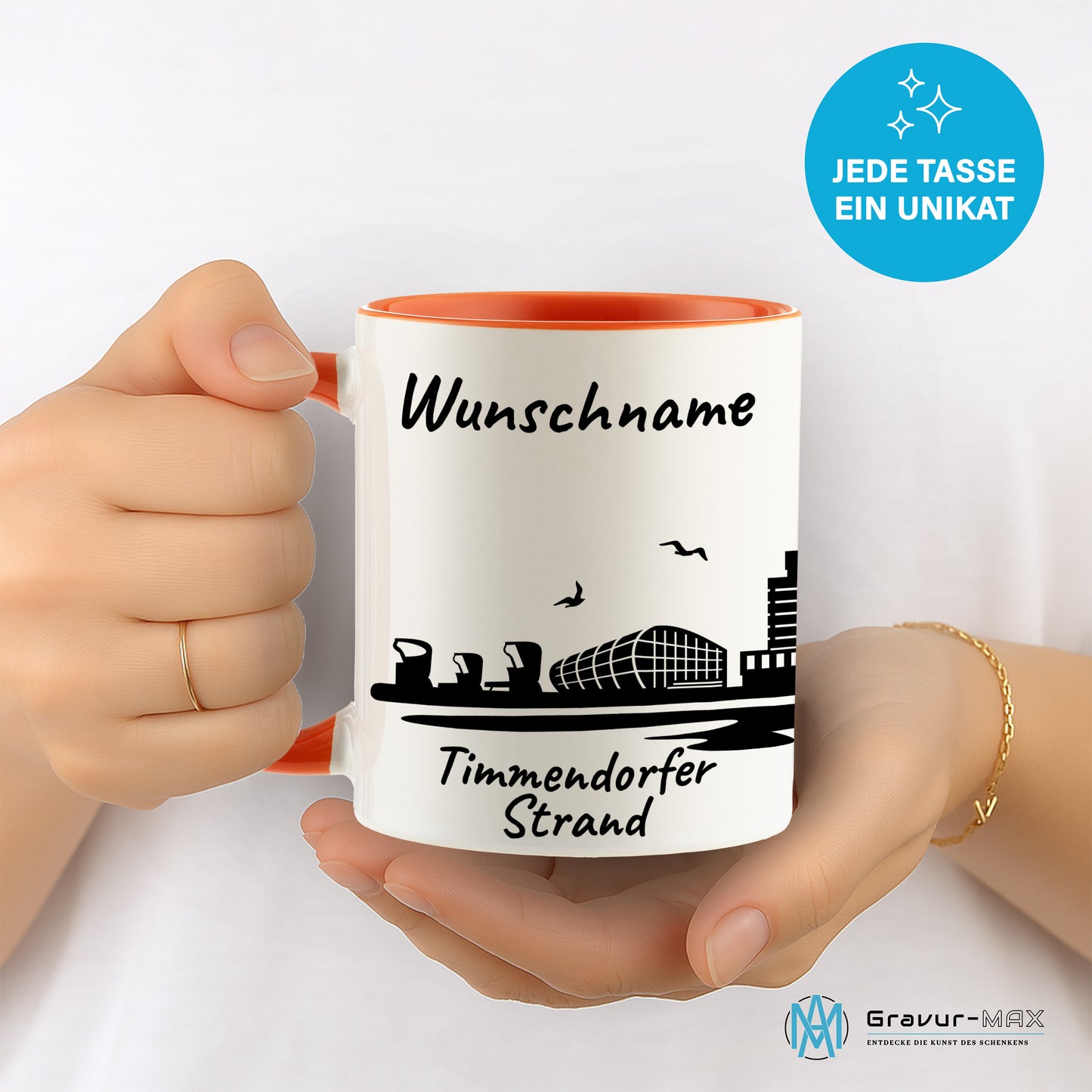 Tasse in Orange 330ml bedruckt mit der Skyline von Timmendorfer Strand personalisierbar mit Wunschname