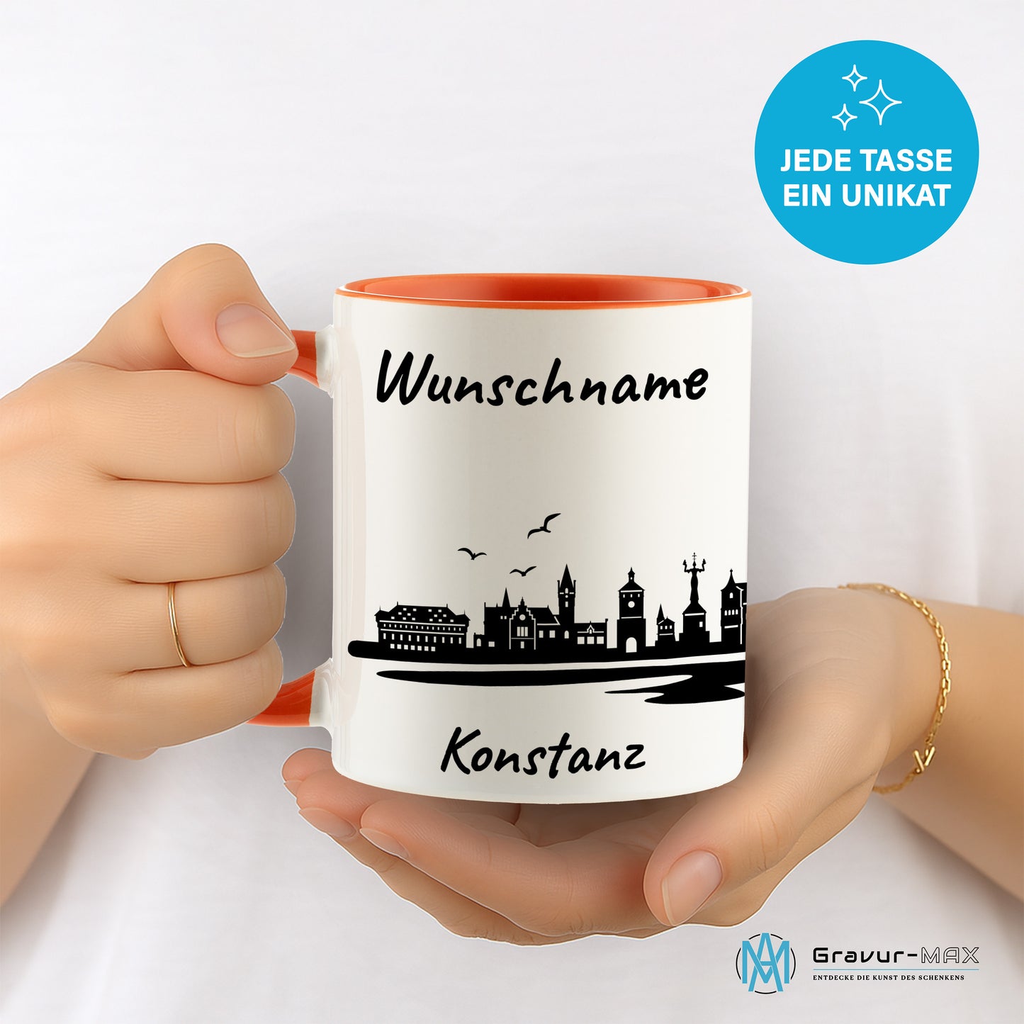 Tasse in Orange 330ml bedruckt mit der Skyline von Konstanz personalisierbar mit Wunschname