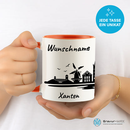 Tasse in Orange 330ml bedruckt mit der Skyline von Xanten personalisierbar mit Wunschname