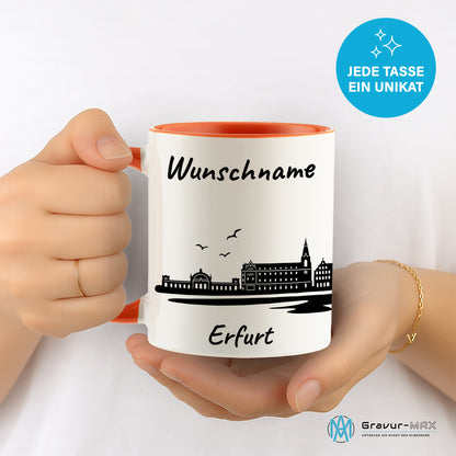 Tasse in Orange 330ml bedruckt mit der Skyline von Erfurt personalisierbar mit Wunschname