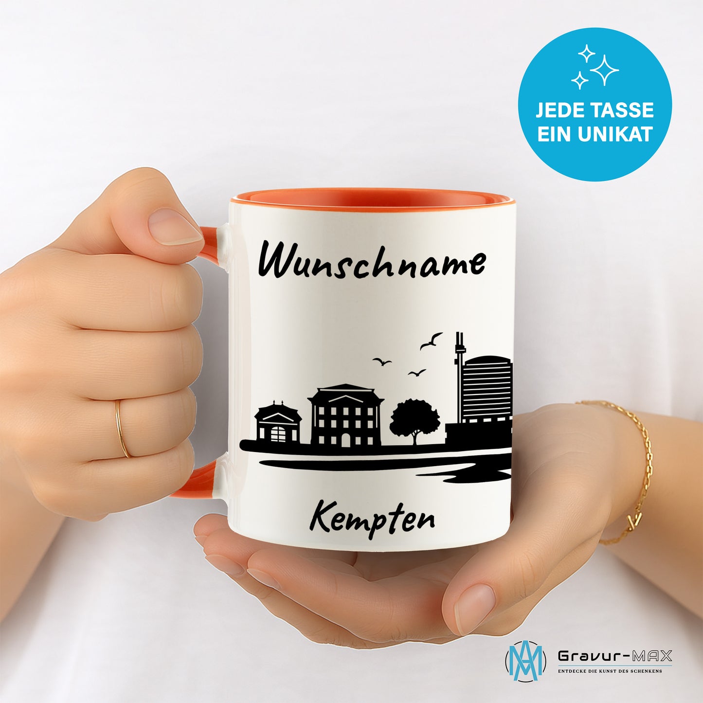 Tasse in Orange 330ml bedruckt mit der Skyline von Kempten personalisierbar mit Wunschname