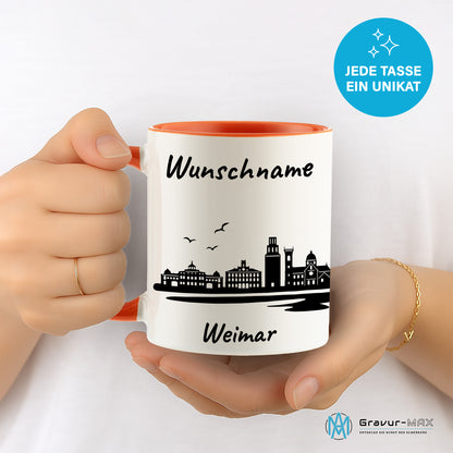 Tasse in Orange 330ml bedruckt mit der Skyline von Weimar personalisierbar mit Wunschname