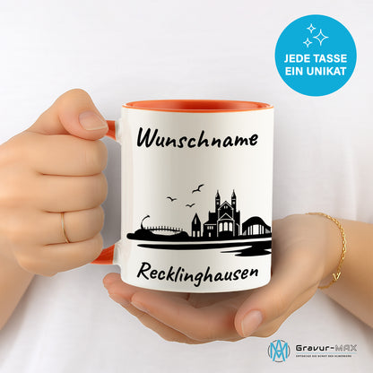 Tasse in Orange 330ml bedruckt mit der Skyline von Recklinghausen personalisierbar mit Wunschname