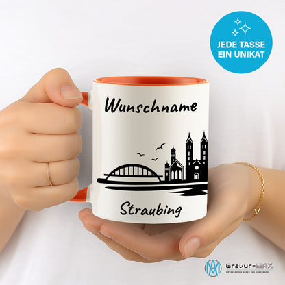 Tasse in Orange 330ml bedruckt mit der Skyline von Straubing personalisierbar mit Wunschname