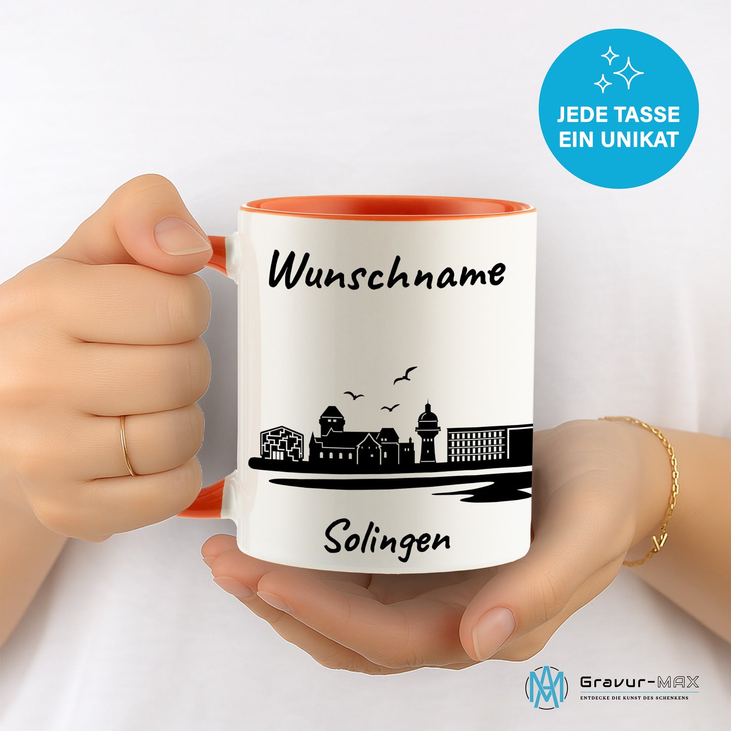 Tasse in Orange 330ml bedruckt mit der Skyline von Solingen personalisierbar mit Wunschname