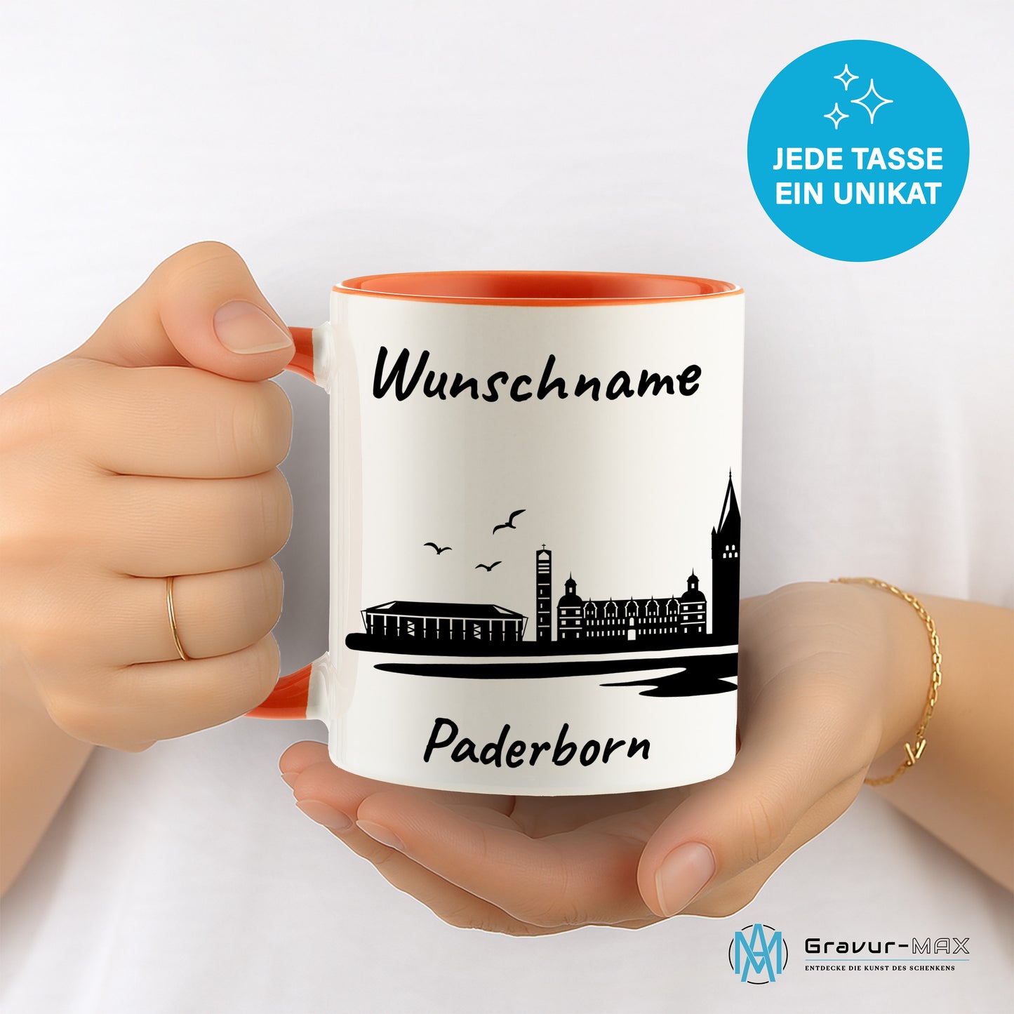 Tasse in Orange 330ml bedruckt mit der Skyline von Paderborn personalisierbar mit Wunschname
