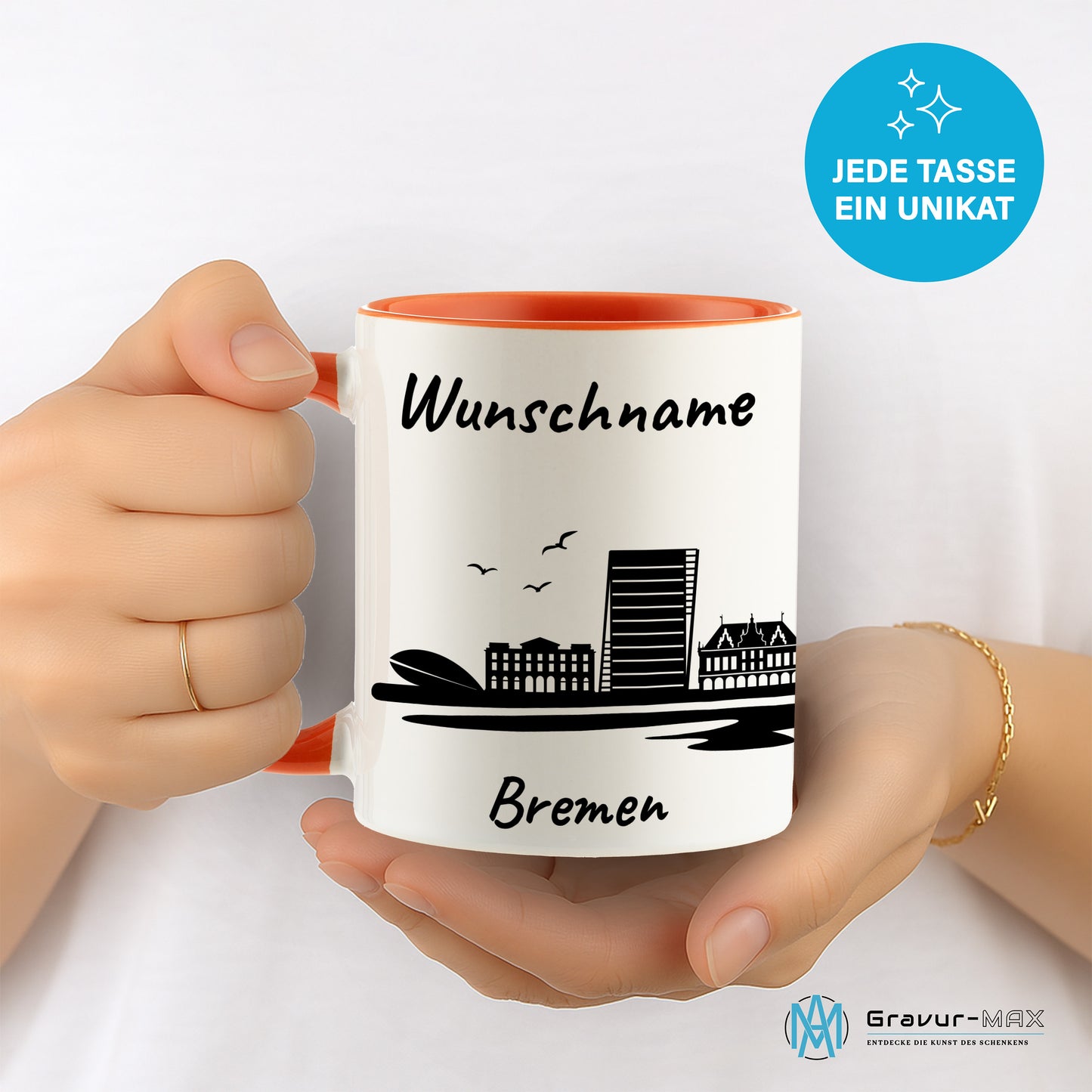 Tasse in Orange 330ml bedruckt mit der Skyline von Bremen personalisierbar mit Wunschname
