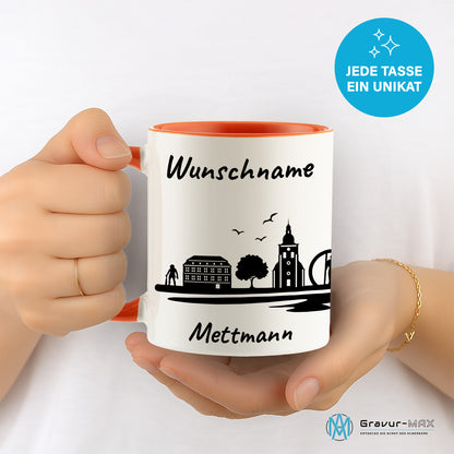 Tasse in Orange 330ml bedruckt mit der Skyline von Mettmann personalisierbar mit Wunschname