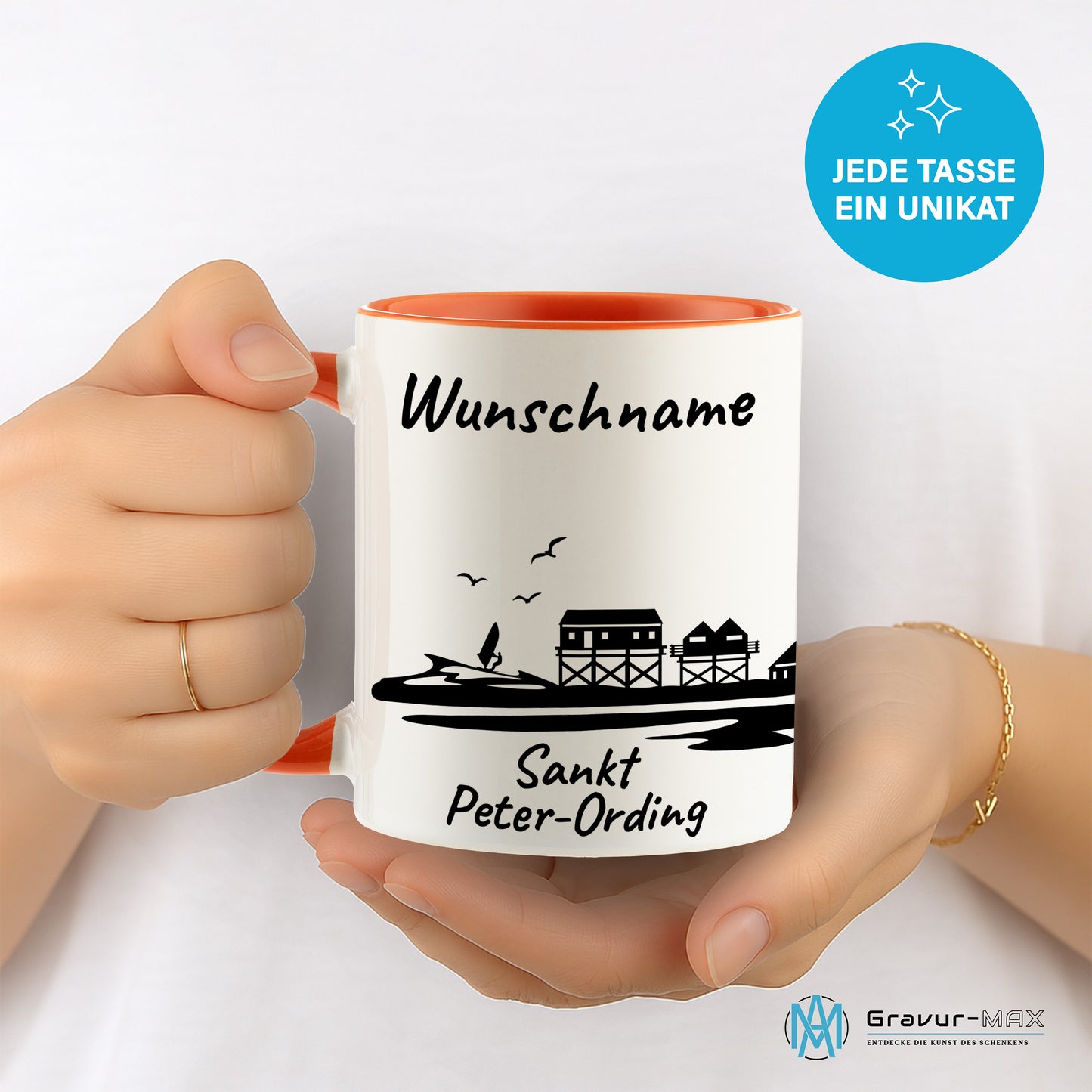 Tasse in Orange 330ml bedruckt mit der Skyline von Sankt Peter-Ording personalisierbar mit Wunschname