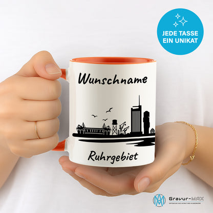 Tasse in Orange 330ml bedruckt mit der Skyline von Ruhrgebiet personalisierbar mit Wunschname
