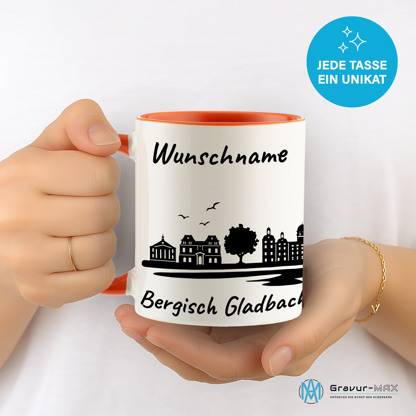 Tasse in Orange 330ml bedruckt mit der Skyline von Bergisch Gladbach personalisierbar mit Wunschname