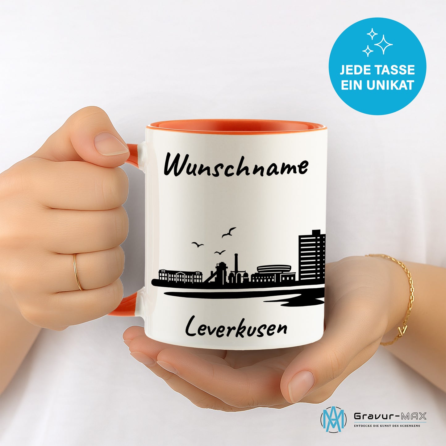 Tasse in Orange 330ml bedruckt mit der Skyline von Leverkusen personalisierbar mit Wunschname