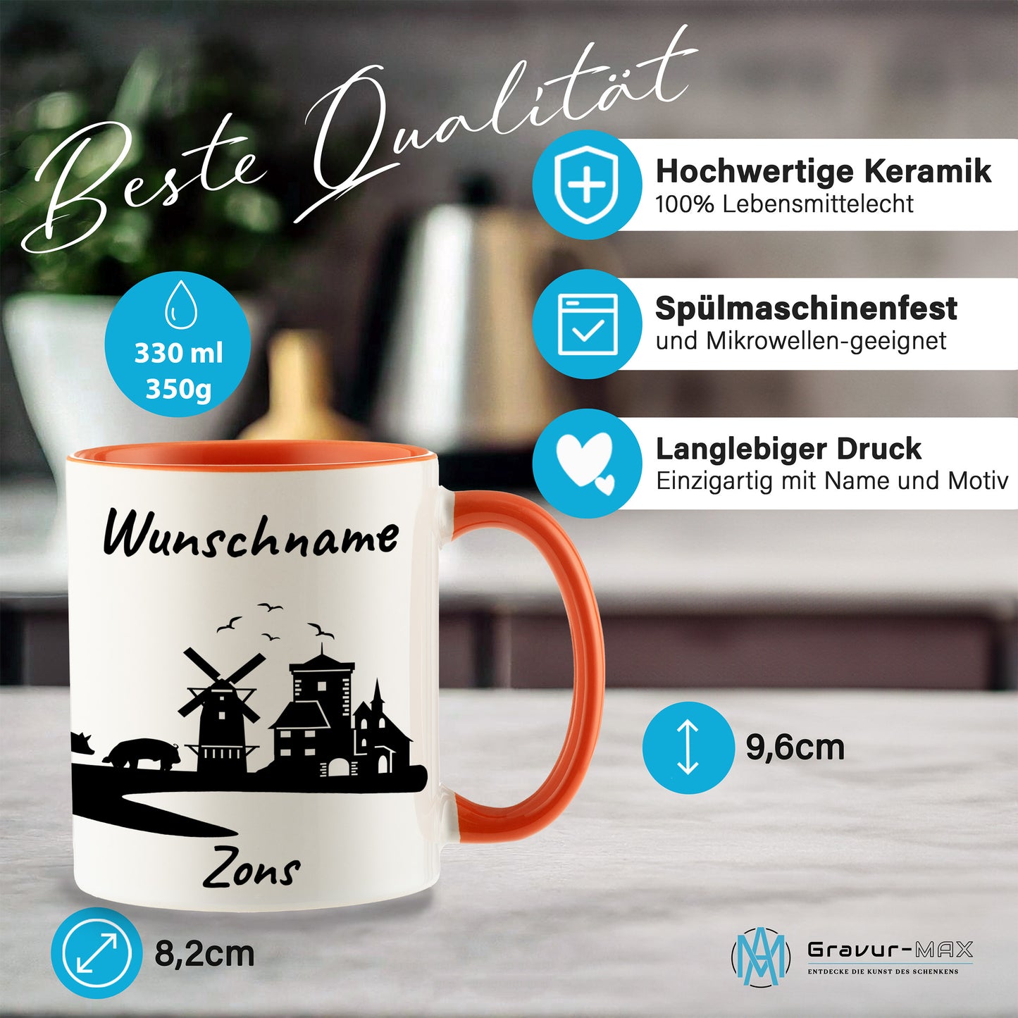 Tasse in Orange 330ml bedruckt mit der Skyline von Zons (Dormagen) personalisierbar mit Wunschname