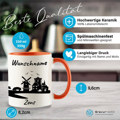 Tasse in Orange 330ml bedruckt mit der Skyline von Zons (Dormagen) personalisierbar mit Wunschname