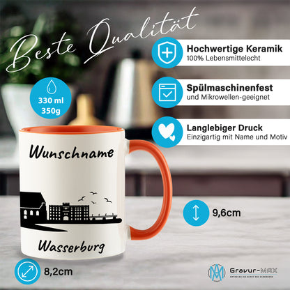 Tasse in Orange 330ml bedruckt mit der Skyline von Wasserburg personalisierbar mit Wunschname