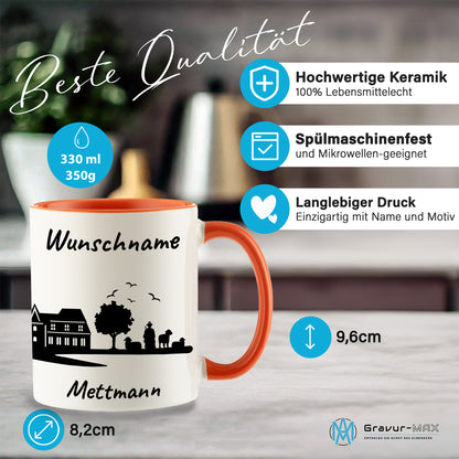 Tasse in Orange 330ml bedruckt mit der Skyline von Mettmann personalisierbar mit Wunschname