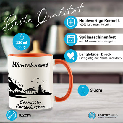 Tasse in Orange 330ml bedruckt mit der Skyline von Garmisch-Partenkirchen personalisierbar mit Wunschname