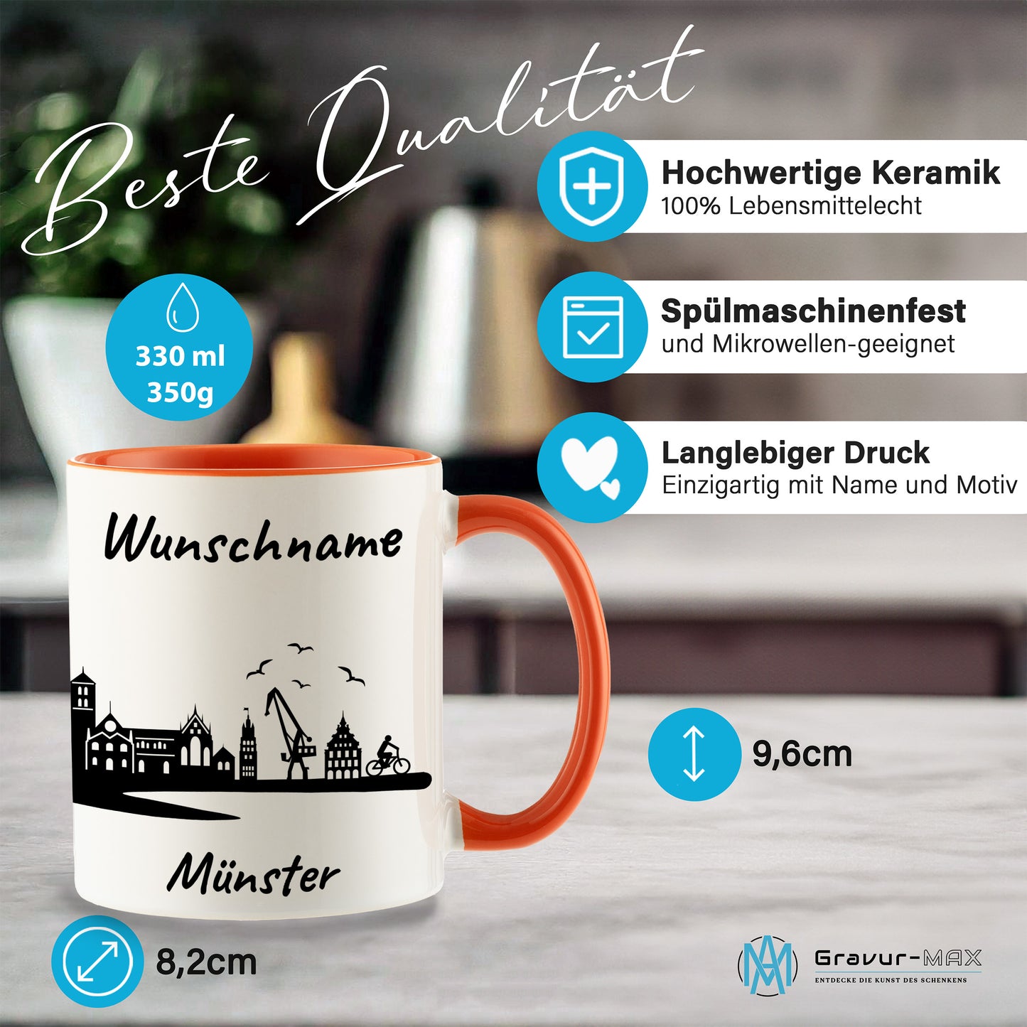 Tasse in Orange 330ml bedruckt mit der Skyline von Münster personalisierbar mit Wunschname