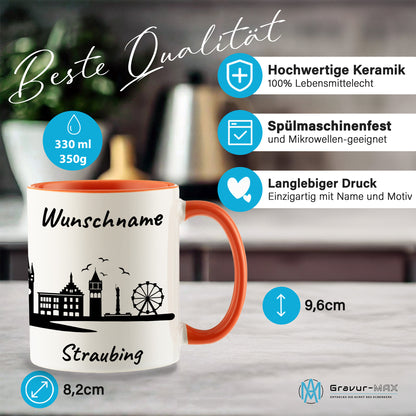 Tasse in Orange 330ml bedruckt mit der Skyline von Straubing personalisierbar mit Wunschname