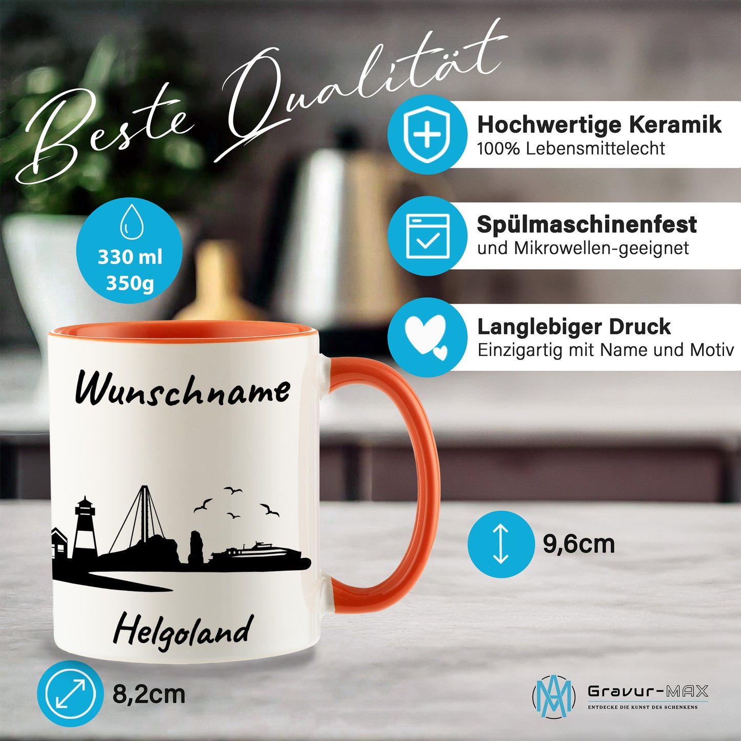 Tasse in Orange 330ml bedruckt mit der Skyline von Helgoland personalisierbar mit Wunschname