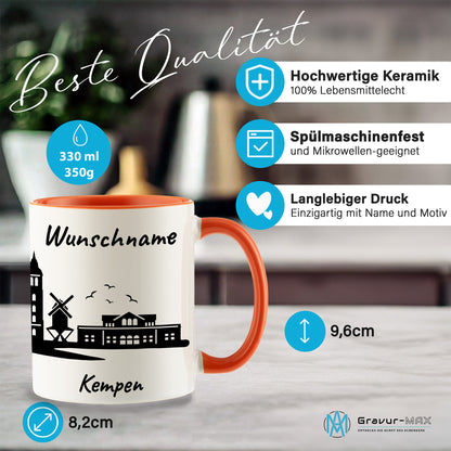 Tasse in Orange 330ml bedruckt mit der Skyline von Kempen personalisierbar mit Wunschname