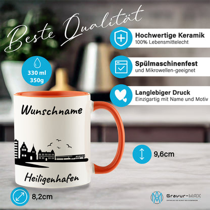Tasse in Orange 330ml bedruckt mit der Skyline von Heiligenhafen personalisierbar mit Wunschname