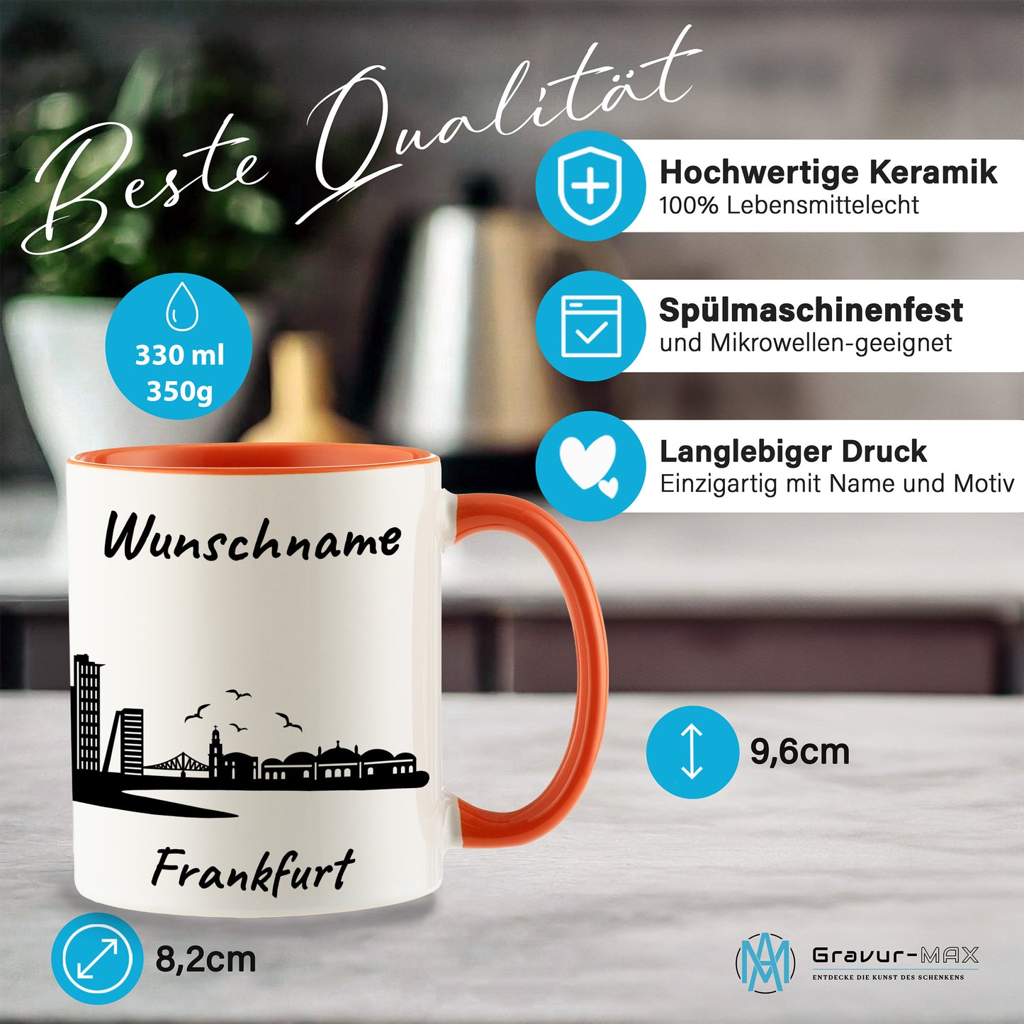 Tasse in Orange 330ml bedruckt mit der Skyline von Frankfurt personalisierbar mit Wunschname