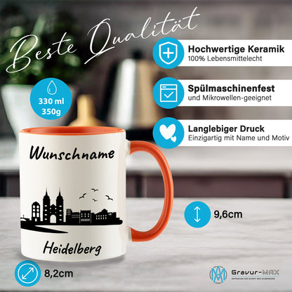 Tasse in Orange 330ml bedruckt mit der Skyline von Heidelberg personalisierbar mit Wunschname