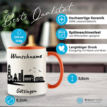 Tasse in Orange 330ml bedruckt mit der Skyline von Göttingen personalisierbar mit Wunschname