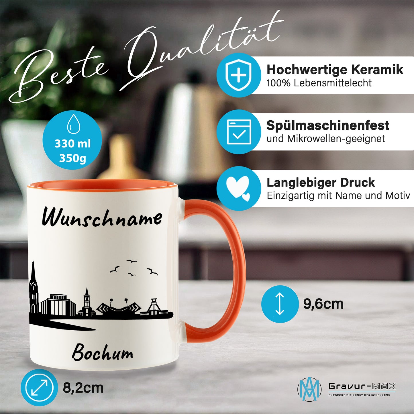 Tasse in Orange 330ml bedruckt mit der Skyline von Bochum personalisierbar mit Wunschname