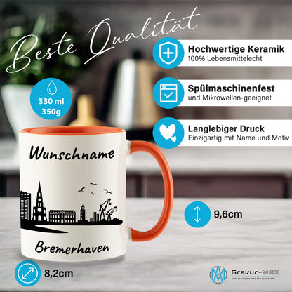 Tasse in Orange 330ml bedruckt mit der Skyline von Bremerhaven personalisierbar mit Wunschname