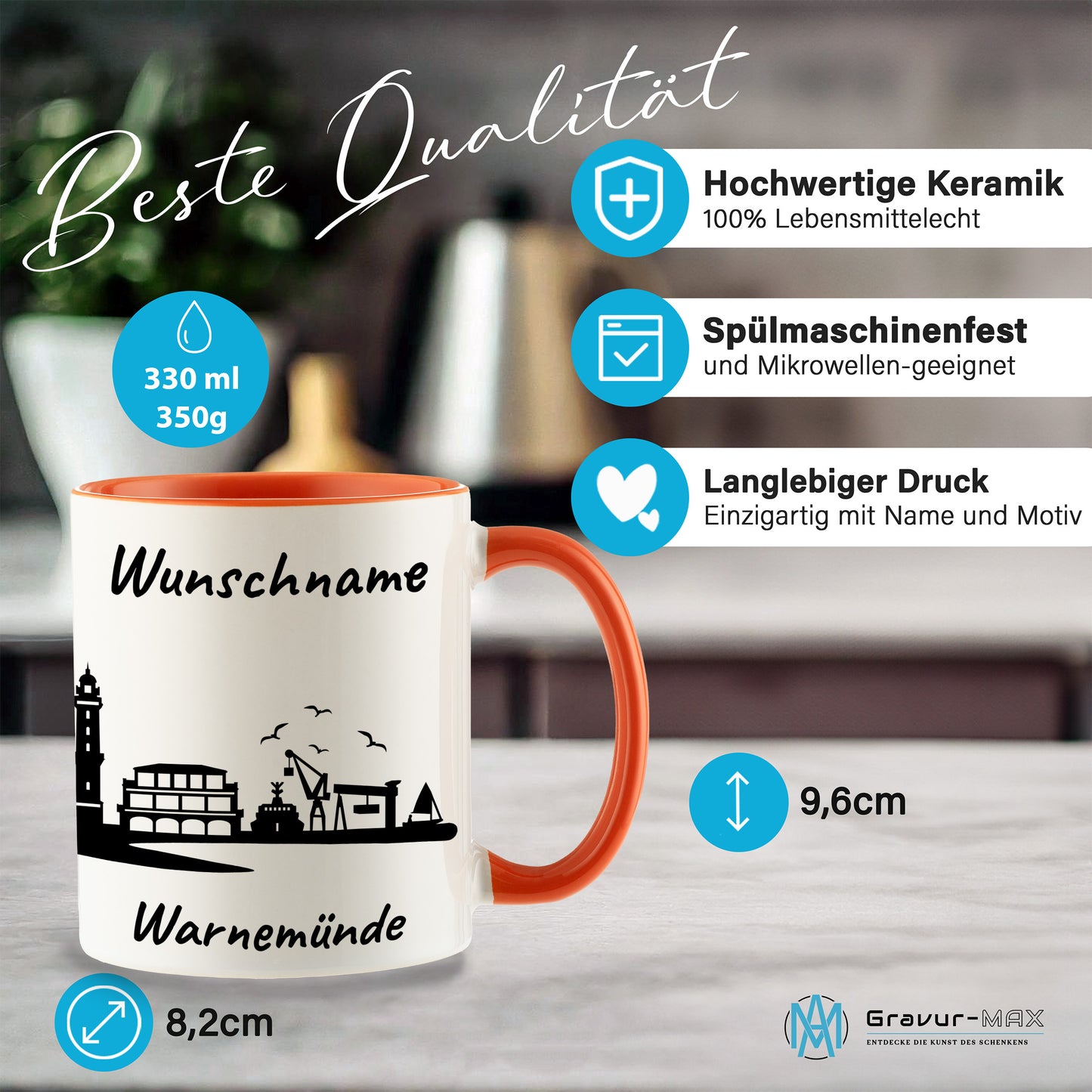 Tasse in Orange 330ml bedruckt mit der Skyline von Warnemünde personalisierbar mit Wunschname