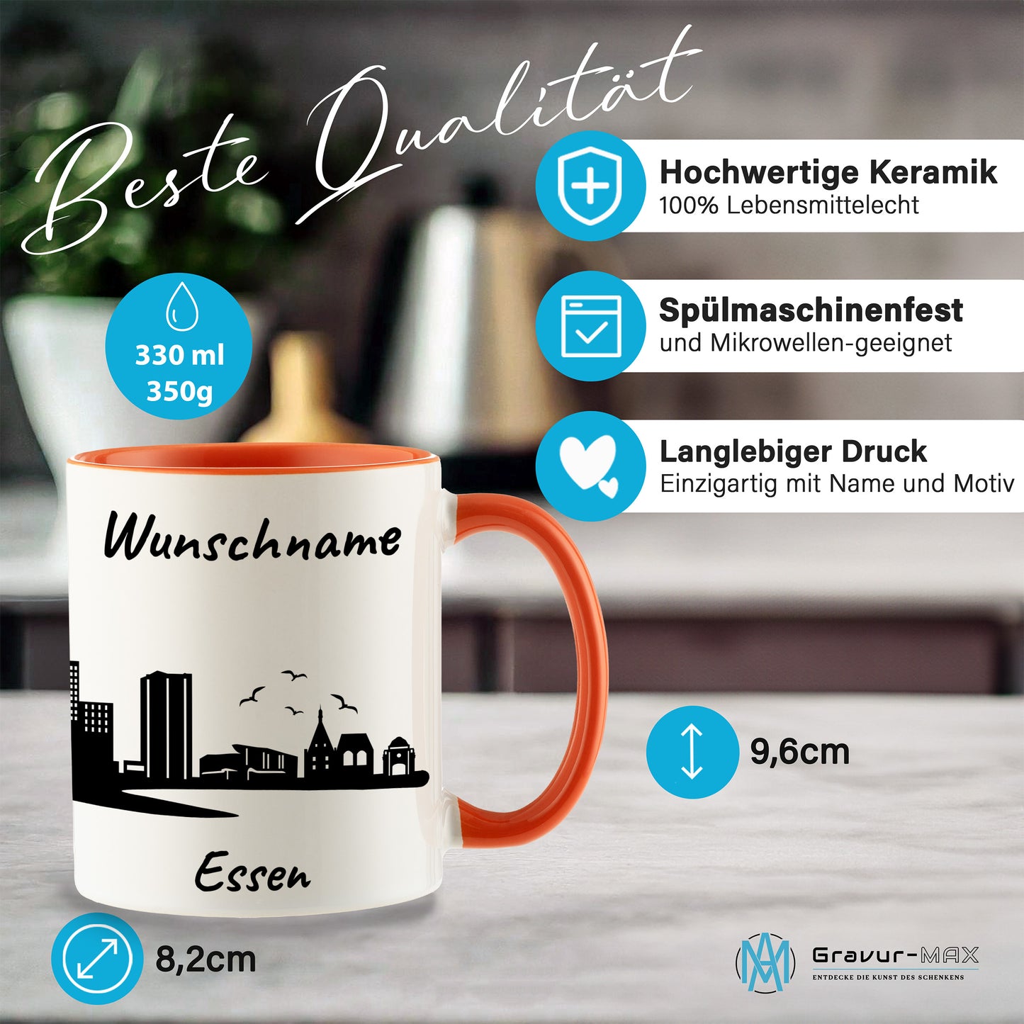 Tasse in Orange 330ml bedruckt mit der Skyline von Essen personalisierbar mit Wunschname