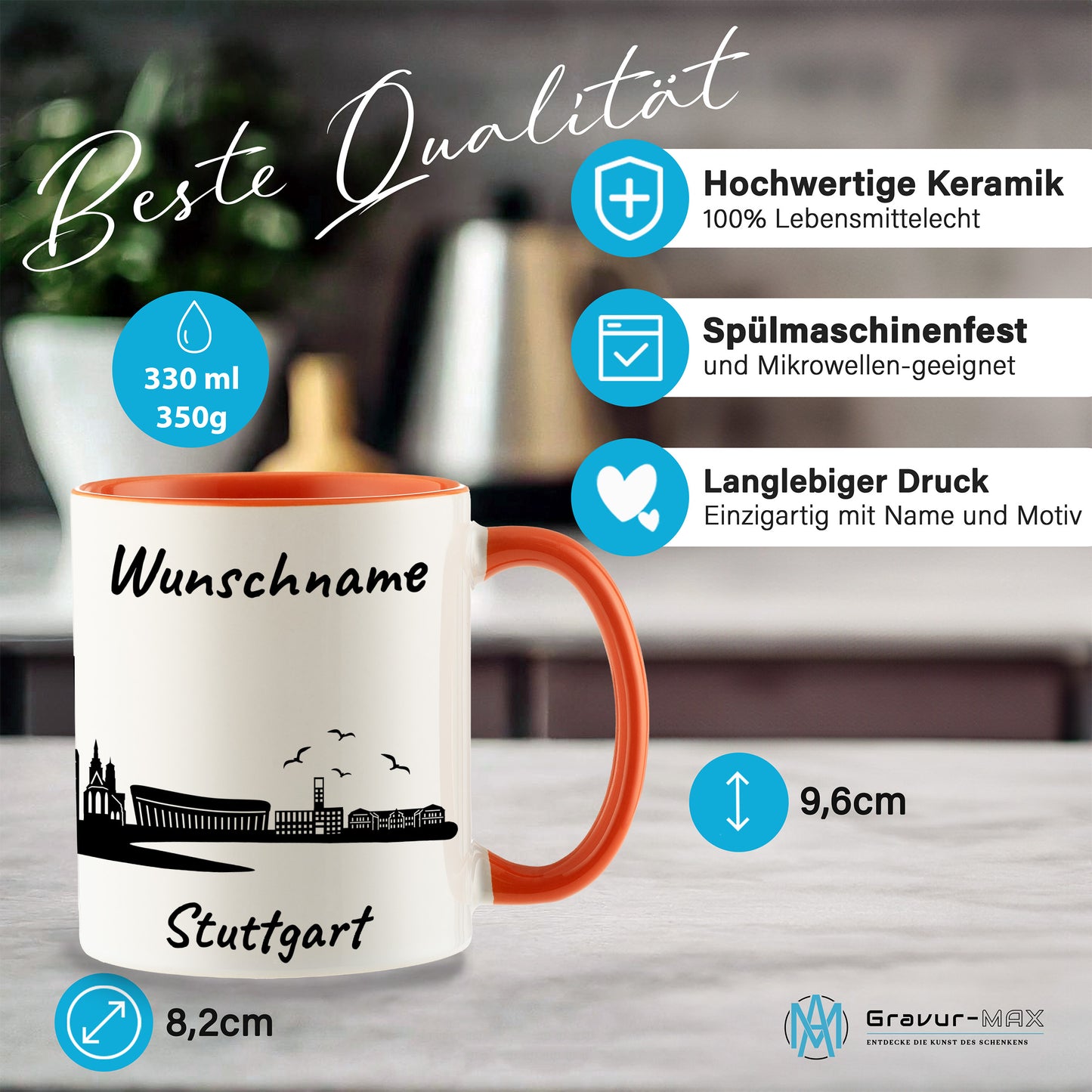 Tasse in Orange 330ml bedruckt mit der Skyline von Stuttgart personalisierbar mit Wunschname